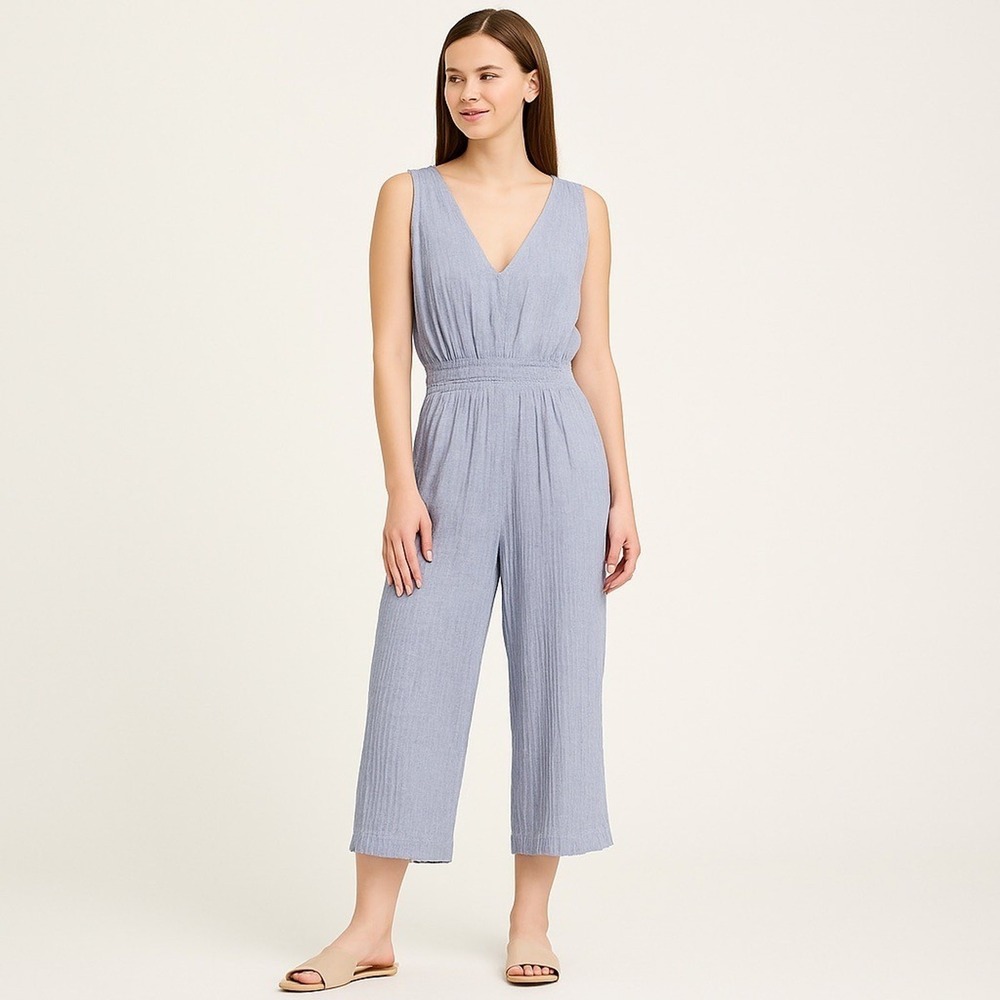 NWT Premise L Soothing Sea Blue Sleeveless Smocked Wide Leg Jumpsuit - Picture 2 of 9